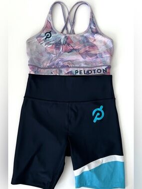 Peloton Workout Set Pastel Floral Sports Bra with Navy & Aqua Trim Bike Shorts